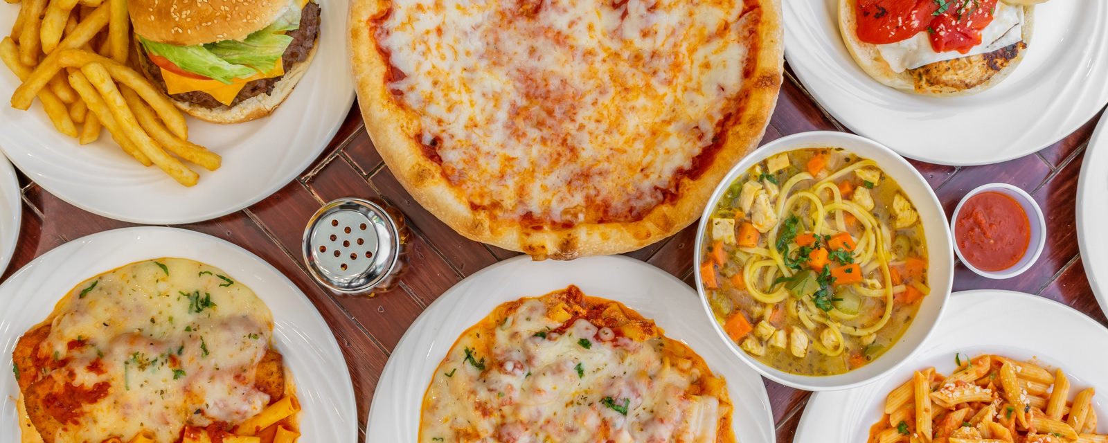 A spread of Pizza R Us dishes